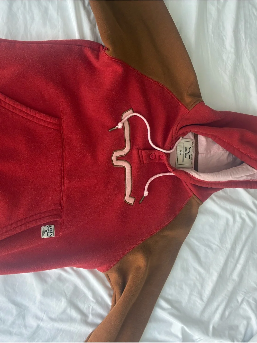 Kimes Ranch Red Hooded Sweatshirt with Brown Raglan Sleeves